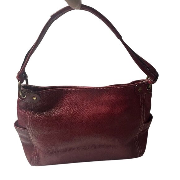 Vintage Fossil Red Pebbled Leather Shoulder Bag Side Pockets Brass Hardware - Picture 1 of 9